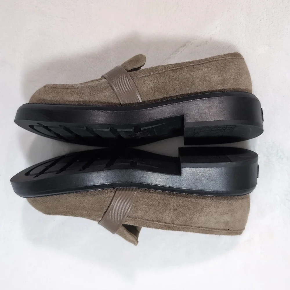 Charles & Keith Loafers Women Taupe Suede Gold Buckle Lug Sole Chunky Platform - Picture 10 of 13